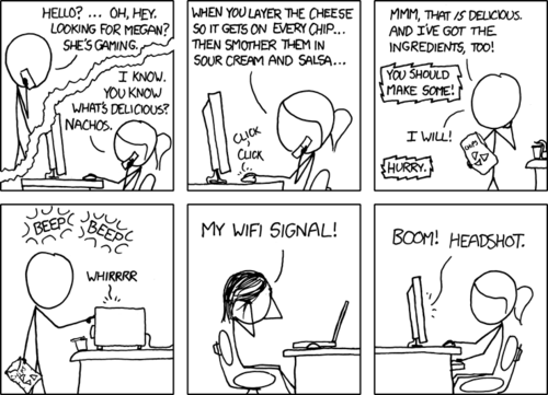 The blonde girl calls megan&#8217;s boyfriend and convinces him to make some delicious nachos. However, he doesn&#8217;t know that the blonde girl&#8217;s real motive was to kill megan&#8217;s wifi signal with the microwave he uses because they were playing a first person shooter video game against each other over the internet, and the blonde girl wanted to kill her.