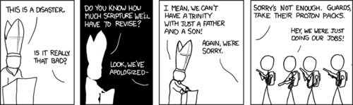 The first three frames portray the Pope speaking from a pulpit, declaring that his audience has caused a disaster for the church. His audience flippantly apologizes for what they have done. In the third frame the reader finds out that the problem is that there are now only two parts to the trinity. However, in Christian theology, the Holy Trinity is comprised of three persons - the Father, the Son, and the Holy Spirit. Missing from the Pope&#8217;s list is the Holy Spirit.
The joke is that the Holy Spirit is sometimes referred to as the Holy Ghost, and, as the reader discovers in the final frame, the Ghostbusters (from the classic 1984 feature film) have destroyed him with their proton packs. This equates the Holy Ghost from the Christian Godhead to an average class 5 free roaming vapor.