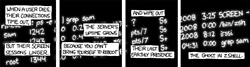 The author is using the lifecycle of various processes in a multi-user unix environment as an allegory for life and death in general. Normally when a user connects to a unix server, any processes they start are tied to the lifecycle of their session. Therefore, if one is disconnected abruptly from the server any processes they started in that session are killed once it times out. Because of this, many users invoke their processes via the screen command. Screen is a popular unix utility that allows most any process to live outside of the normal lifecycle of a user  session. A user may make use of commands to connect and disconnect to any number of screen sessions that are running in the background.
In this comic strip, one particular user named &#8220;sam&#8221; is running the IRC client irssi using the screen command and his default shell - zsh (z shell). The author picked this particular shell in order to make the humorous pun, &#8220;the ghost in z shell&#8221;. Which is a reference to the popular hentai movie Ghost in the Shell.
