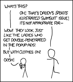 In this comic, a father and son have a comedically awkward conversation about pornography. An older father fears that his son will be exposed to pornographic material when an errant issue of the Swimsuit Edition falls into the child’s hands. But a casual comment about hardcore sexual acts suggests that the son’s internet habit has exposed him to an unexpected degree of pornography.
The Author is making a joke about how there is pornography on the internet. In this comic, a father and son have a comedically awkward conversation about pornography. An older father fears that his son will be exposed to pornographic material when an errant issue of the Swimsuit Edition falls into the child’s hands. But a casual comment about hardcore sexual acts suggests that the son’s internet habit has exposed him to an unexpected degree of pornography.
The Author is making a joke about how there is pornography on the internet.
