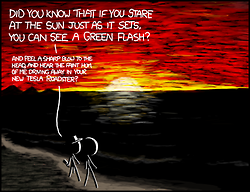 The man with the hat on uses the common &#8220;green flash at sunset&#8221; phenomenon to distract another man while he knocks him unconscious and steals his Tesla Roadster - the only car other than a Delorean that is releveant to geeks.