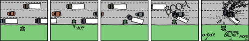 What if the game Frogger were real?
A game from geek nostalgia is taken literally in order to create an improbable situation, possibly for use as humor. What if the game Frogger were real?
A game from geek nostalgia is taken literally in order to create an improbable situation, possibly for use as humor.