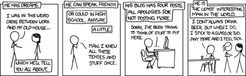This strip is a play on the popular &#8220;Most Interesting Man In The World&#8221; series of commercials for Dos Equis beer, except the man portrayed is instead uninteresting. The author displays this by showing the man in various situations that are common in today&#8217;s technologically obsessed males, which of course includes the author himself, and most likely the reader. Self-deprecation is a common theme of this comic strip as a whole.