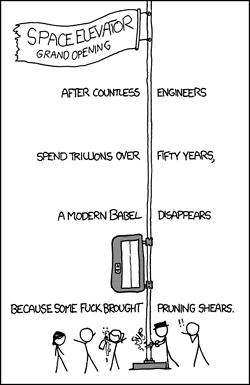 A space elevator is a conceptual structure that could carry things from Earth into space on a fixed track or cable. It has been proposed as a much cheaper method of traveling to and from the Moon.
In this comic, we see a hypothetical grand opening for a space elevator that utilizes tether propulsion, a system involving a very long, strong cable to propel a space craft rather than a rocket engine.
The joke here is that at a traditional &#8220;grand opening&#8221; a ribbon of some sort is cut to symbolize the opening, except in this case someone has cut the elevator&#8217;s tether rather than a ribbon. This would completely destroy the elevator, thus invalidating the grand opening.
The curse-word &#8220;fuck&#8221; is also used in the punch-line to add some more humor.