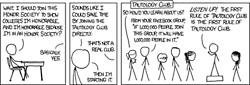 In case you did not know: a tautology is a statement that is necessarily true, based only on the facts presented in the statement.
While applying for colleges, the author noticed the vague tautology of showing your honor by joining a club that shows you are honorable. With this keen observation, he invents a hypothetical and comical &#8220;tautology club.&#8221; This club&#8217;s activities, as seen in the last panel, consist of saying humorous tautologies at each other.
Also, the third member (from the left) of the club is Jason from the (non-web) comic strip FoxTrot.