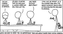 Background: Genetic Algorithms are methods for finding solutions to computational problems that are modeled after evolution. They tend to start by selecting a series of random possible solutions and testing them against a set problem, then testing how effective the given solution (or component thereof) was. Upon each completion, the best solutions are modified or &#8220;mutated&#8221; using the collected results and the process begins again. This repeats numerous times with the end goal of removing all but the best possible solution to the problem.
The Author believed that it would be humorous to take the scientific concept of genetic algorithms and transpose it onto a common life task - cooking. As is shown in the comic strip, the computer science students have decided to use a form of genetic algorithm to randomly combine ingredients to create the ultimate recipe for the dinner party. It&#8217;s funny because this leads to very peculiar food combinations that most people would not enjoy consuming. 
