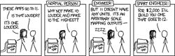 Most premises for the Author&#8217;s comic strips fall into one of two categories: &#8220;geek joke or concept transposed into real life&#8221; or &#8220;how geeks handle life situations differently.&#8221; Amazingly, this particular strip&#8217;s premise fits into both of these categories. This &#8220;mashup&#8221; of two well known, battle-tested concepts is sure to delight the reader to the point of asthma-inducing fits of laughter.
Now, for an explanation. One of the most commonly used geek-recognition joke is a quote from the movie Spinal Tap: &#8220;these go to eleven.&#8221; The character, Nigel, is referencing the power of his amplifier, which has knobs that go to 11 rather than the standard 10. This movie-quote-turned-cliche is often used by geeks to describe how great or powerful something is in a humorous fashion. It can be related to the usage of the number 42, which is a reference to the book A Hitchhikers Guide to the Galaxy. Cliches such as these are an easy and guaranteed way to cause a group of geeks to laugh hysterically.
The second part of this comic is an attempt to answer the question, &#8220;what if this fictional situation happened in real life, and how would geeks and non-geeks respond to it?&#8221; As we can see, the &#8220;normal person&#8221; responds with the common sense question that makes the joke funny. The engineer thinks of it more technically and becomes frustrated. The &#8220;smart engineer&#8221; capitalizes on the situation by offering to make a knob that goes to 12, a task that would require no work, for money.