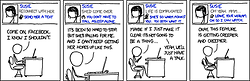This comic strip references one of the newer features on Facebook.com, which offers that you &#8220;reconnect&#8221; with your friends on the site in a variety of ways. This feature has garnered heavy criticism from users who feel that a website need not instruct them on the details of their social or love lives.
The Author, seen here as a male sitting in front of a computer, is presented with a series of increasingly specific Facebook reconnect messages. These messages first urge him to reconnect with a female named Susie. From there they become more graphic, explaining in detail why he should sleep with her and even going so far as to suggest that Facebook.com watch the fornication via webcam.
The important part part of this comic is the Author&#8217;s conflicted responses to the website&#8217;s suggestions. While he desires to have sex on this particular female, he worries to great lengths about hurting her frail emotions. This conflict between natural urges and emotional sensitivity is indicative of the self-inflicted emasculation found in many male geeks. The cause for this emasculation is a natural reaction to the combination of a strong desire for sexual activity and a lack of confidence, forcing the male to cater to the emotional needs of the female in order to touch her naked body.