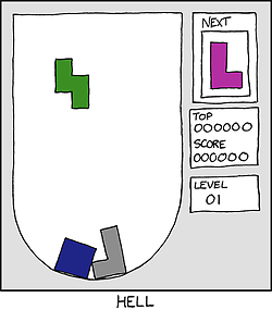 A humorous conceptualization of hell wherein the popular game of Tetris™ is modified with a rounded bottom, making it nearly impossible to score any points, as the necessary geometric alignments cannot be made.
Note: this particular web comic pays homage to this other web comic. 