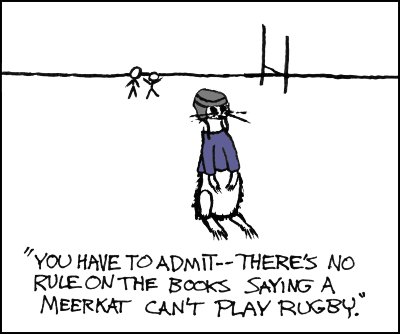 Two men in a field argue about if a meerkat is allowed to play rugby.
Meanwhile, a meerkat in full rugby uniform waits patiently for a ruling. Two men in a field argue about if a meerkat is allowed to play rugby.
Meanwhile, a meerkat in full rugby uniform waits patiently for a ruling.