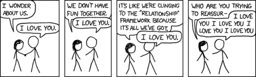 A heterosexual couple is talking as they walk hand-in-hand on the state of their relationship. While the female continues to ask questions suggesting she feels their relationship has stagnated and is now decaying, the male simply repeats &#8220;I love you&#8221; as a reply to every statement. In the final panel, he begins to drown out her concerns by saying &#8220;I love you&#8221; over and over again.
This comic is most likely dark humor reflecting on a persistent theme in XKCD: insecurity of men within classic heterosexual relationships, particularly from the perspective of a woman seeming to &#8220;require more&#8221; than the man knows how or is prepared to give.