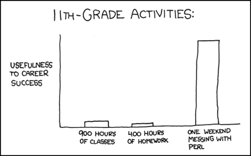The author has created another graph-based comic strip. This one appears to be a bar graph comparing categories of 11th grade activities with their usefulness to career success.  One would do well to note the complete lack of art, sports, business and socialization activities in this graph.
As with most of these comics, the underlying assumption is that the reader is an IT professional who discovered a love for programming in high school.  The punchline here relies completely on reader identification: &#8221;This comic mentioned PERL.  I use that from time to time in my job.  The author understands me and I can imagine being his friend.&#8221;