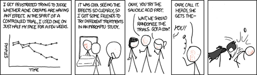 A male character decides to test the effectiveness of acne cream by applying it to only half of his face for a few weeks. Near the end of his trial, he decides to include some of his similarly disfigured friends in the experiment. To be extra-super-scientific about it he decides to randomly (through coin toss) choose who uses each type of cream. As he flips the coin, Batman yells “You!” and punches him in the face.
The reason batman did that is because the male character had acne on half of his face and was flipping a coin, so he looked like the villain Two-Face.
Don’t worry, calm down, there is still a graph in this comic strip. It’s right there in the first panel for some reason. A male character decides to test the effectiveness of acne cream by applying it to only half of his face for a few weeks. Near the end of his trial, he decides to include some of his similarly disfigured friends in the experiment. To be extra-super-scientific about it he decides to randomly (through coin toss) choose who uses each type of cream. As he flips the coin, Batman yells “You!” and punches him in the face.
The reason batman did that is because the male character had acne on half of his face and was flipping a coin, so he looked like the villain Two-Face.
Don’t worry, calm down, there is still a graph in this comic strip. It’s right there in the first panel for some reason.