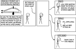 The Author is rallying against educators that fail to embrace the student&#8217;s imagination and creativity, instead choosing to take the easy route and stick to a lesson plan. 

The theory being taught in this hypothetical classroom is only partially correct, and does not apply to all modes of flight - especially for planes that are capable of upside-down flight.