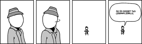 Here we see Inspector Gadget, the main character from the children&#8217;s animated series of the same name that ran from the 80s through the 90s. One of the primary plot devices in the show was the Inspector calling out &#8220;Go-Go Gadget &#8230;&#8221; and the name of one of his many hidden gadgets to deploy (generally to ill effect). 
In the Author&#8217;s version of the kid&#8217;s show, Inspector Gadget deploys an entirely different kind of object: two women engaging in sexual intercourse. Due to the caution and secrecy by which he summons these lesbians, it is clear that it was done for reasons of sexual pleasure. We can imagine a fifth panel in which Inspector Gadget is hunched over the two women, breathing deeply and convulsing as he masturbates through his open trench coat.