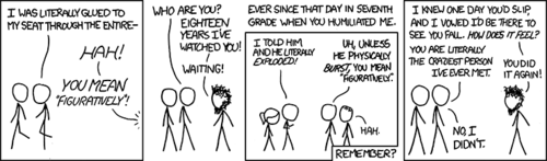 The Author has created another hypothetical situation in an attempt to derive humor from an impractical situation based off of a cliché. In this case, the cliché is the common misuse of the word “literally,” and the impractical situation is a man waiting 18 years to retaliate against being embarrassed over this cliché.
Other things you may be able to derive humor from in this strip:
The crazy man’s hair and beard are very long and unruly.
In the last panel, the crazy man believes that the non-crazy man has once again misused the term “literally.” But, as it turns out, he actually meant that the crazy man was the craziest person he had met.
The whole situation is pretty “wacky.”
The Author has created another hypothetical situation in an attempt to derive humor from an impractical situation based off of a cliché. In this case, the cliché is the common misuse of the word “literally,” and the impractical situation is a man waiting 18 years to retaliate against being embarrassed over this cliché.
Other things you may be able to derive humor from in this strip:
The crazy man’s hair and beard are very long and unruly.
In the last panel, the crazy man believes that the non-crazy man has once again misused the term “literally.” But, as it turns out, he actually meant that the crazy man was the craziest person he had met.
The whole situation is pretty “wacky.”