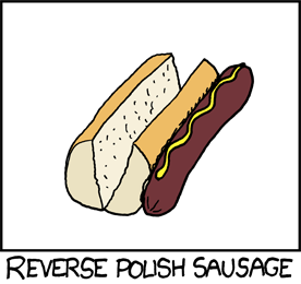In this strip, the word &#8220;sausage&#8221; is substituted for &#8220;notation&#8221; in Reverse Polish Notation. As you can see, the hot dog is lying next to, not inside of the hot dog bun.
This is funny because in Reverse Polish Notation the operator (hot dog) follows the operands (bun).