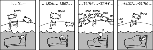 A man is laying in bed, following the time-honored anecdotal strategy of counting sheep to get to sleep. It seems he is having some difficulty, because he begins to count thousands and thousands of sheep. Continuing to count, he suddenly finds himself counting negative numbers. Frustrated, he adjusts his pillow and continues to count negative sheep.
The particular numbers are a reference to the &#8220;signed 16-byte overflow&#8221; limit. This number appears frequently in programming, particularly in older games and embedded systems which used 16-bit values to conserve memory.  The &#8220;overflow&#8221; or transition from positive to negative numbers happens when the leftmost bit of a signed number is changed from 0 to 1 because of an carry. This is a well understood phenomenon but still serves as a &#8220;gotcha&#8221; for many novice programmers. Most programmers can relate to a time when they ran afoul of this behavior in their novice stage, which is presumably what the author was hoping to humorously connect with in his audience.
A simple C-program that demonstrates and explains integer overflow is provided here.