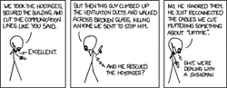 This comic is a reference to the 1988 action film Die Hard. The character with the life-like goatee is meant to be Hans Gruber, the film&#8217;s primary villain. The &#8220;guy&#8221; who is thwarting their efforts represents the protagonist, John McClane.
In the actual film, John does those same things described except in the end he saves the hostages. However in this retelling of the story, the hero instead repairs some cut cables in order to maintain &#8220;uptime,&#8221; a measure of the health of a computer network based on the percentage of time it&#8217;s functioning correctly. Through this decision to sacrifice human lives in order to keep a network online, the protagonist is easily identified as a systems administrator or &#8220;sysadmin.&#8221;
By boldly portraying a sysadmin as a heroic figure, the Author will surely boost the self-esteem of the many readers of his fine comic strip that happen to be in that line of work. For those that are not, this stark contrast simply serves as a humorous punch-line.