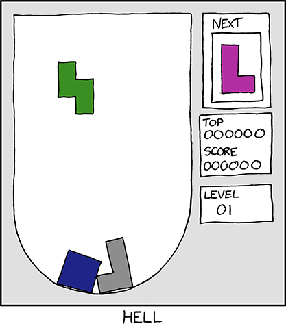 A humorous conceptualization of hell wherein the popular game of Tetris™ is modified with a rounded bottom, making it nearly impossible to score any points, as the necessary geometric alignments cannot be made.
Note: this particular web comic pays homage to this other web comic. A humorous conceptualization of hell wherein the popular game of Tetris™ is modified with a rounded bottom, making it nearly impossible to score any points, as the necessary geometric alignments cannot be made.
Note: this particular web comic pays homage to this other web comic.