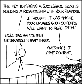 It appears that the Author, in an attempt to increase traffic to his blog and web comic, was fooled into attending a conference on Social Media and was disappointed in its offerings. These conferences are organized and run by self-proclaimed “Social Media Experts”, which generally translates to “I either have an english degree or none at all, have no technical skills, cannot create anything of value - but I still need a job.”
These “experts” generally talk people (like the Author) into listening to them with big promises of traffic and money. They then spout-out useless mantras that don’t actually mean anything and couldn’t possible help anyone achieve their selfish goals of attaining internet celebrity. Instead, they merely attempt to create more of themselves - useless people making useless websites that steal or link to content created by others that add nothing but useless page views. It appears that the Author, in an attempt to increase traffic to his blog and web comic, was fooled into attending a conference on Social Media and was disappointed in its offerings. These conferences are organized and run by self-proclaimed “Social Media Experts”, which generally translates to “I either have an english degree or none at all, have no technical skills, cannot create anything of value - but I still need a job.”
These “experts” generally talk people (like the Author) into listening to them with big promises of traffic and money. They then spout-out useless mantras that don’t actually mean anything and couldn’t possible help anyone achieve their selfish goals of attaining internet celebrity. Instead, they merely attempt to create more of themselves - useless people making useless websites that steal or link to content created by others that add nothing but useless page views.