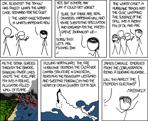 Always topical, the Author introduces the strip with two reporters asking an intelligent female scientist (humorously named Dr. Scientist) for comments on the current ecological disaster the BP oil spill in the gulf has caused, and what the latest worst case scenario could be now that the top kill solution has failed. Dr. Scientist replies that we are already living the worst case scenario. Revisiting a common thread throughout the run of this comic, the female of superior intellect is roundly dismissed as the reporters press on in their pursuit of “if it bleeds, it leads” journalism, hoping for an even worse possible future than what we are currently experiencing in order to scare people into consuming their media. This sends Dr. Scientist into a reasoned—albeit accusatory—response that bluntly comments on the tendency of the media to seek out titillating headlines and stories rather than acting as responsible journalists; a more attractive option than putting in the time and effort to investigate the situation at hand in a sober, impartial manner. Of course, this this is all just a set up by the Author signaling that the time has come to cut to the Dumb Male Character… the Audience is treated to another special guest appearance from the Author’s go-to whipping boy, Michael Bay, reprising his famously stereotyped role as a testosterone-filled alpha male with flowing unkempt hair—the perfect archetype of everything the Author despises in a man.
Predictably, the Author’s depiction of Michael Bay immediately begins to spout off an extreme and outlandish scenario in which… well, it doesn’t really matter what he came up with. Unfathomable natural disasters, scientifically impossible scenarios, absurdist humor, a dash of political intrigue thrown in for good measure, etc. In reality, the remaining frames exist purely to demonstrate the cultural and intellectual inferiority the Author views in the typical American alpha male stereotype, and the disdain he has for the plebeian average American who holds these people and their brand of entertainment in high regard. The Author is well aware that the audience of the Comic feels the same way, harkening back to their high school days when the Michael Bays of their campus were busy telling loud stories and getting lots of laughs from throngs of adoring boys and girls in the lunch time quad. The Author and Audience always knew, however, that one day their time would come when they’d be able to exact their revenge upon all of these types of extremely popular and successful men in the form of a biting commentary within a crudely drawn comic strip on the internet. Always topical, the Author introduces the strip with two reporters asking an intelligent female scientist (humorously named Dr. Scientist) for comments on the current ecological disaster the BP oil spill in the gulf has caused, and what the latest worst case scenario could be now that the top kill solution has failed. Dr. Scientist replies that we are already living the worst case scenario. Revisiting a common thread throughout the run of this comic, the female of superior intellect is roundly dismissed as the reporters press on in their pursuit of “if it bleeds, it leads” journalism, hoping for an even worse possible future than what we are currently experiencing in order to scare people into consuming their media. This sends Dr. Scientist into a reasoned—albeit accusatory—response that bluntly comments on the tendency of the media to seek out titillating headlines and stories rather than acting as responsible journalists; a more attractive option than putting in the time and effort to investigate the situation at hand in a sober, impartial manner. Of course, this this is all just a set up by the Author signaling that the time has come to cut to the Dumb Male Character… the Audience is treated to another special guest appearance from the Author’s go-to whipping boy, Michael Bay, reprising his famously stereotyped role as a testosterone-filled alpha male with flowing unkempt hair—the perfect archetype of everything the Author despises in a man.
Predictably, the Author’s depiction of Michael Bay immediately begins to spout off an extreme and outlandish scenario in which… well, it doesn’t really matter what he came up with. Unfathomable natural disasters, scientifically impossible scenarios, absurdist humor, a dash of political intrigue thrown in for good measure, etc. In reality, the remaining frames exist purely to demonstrate the cultural and intellectual inferiority the Author views in the typical American alpha male stereotype, and the disdain he has for the plebeian average American who holds these people and their brand of entertainment in high regard. The Author is well aware that the audience of the Comic feels the same way, harkening back to their high school days when the Michael Bays of their campus were busy telling loud stories and getting lots of laughs from throngs of adoring boys and girls in the lunch time quad. The Author and Audience always knew, however, that one day their time would come when they’d be able to exact their revenge upon all of these types of extremely popular and successful men in the form of a biting commentary within a crudely drawn comic strip on the internet.