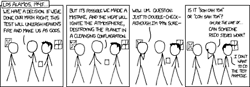 For those of you who are unaware of the Los Alamos National Laboratory (possibly due to a lack of feigned-interest in the sciences), it is a very large, multidisciplinary technology and science research center in New Mexico.
The Author is telling a joke about a man who works in Los Alamos and is also not very good at science. The man is making grandiose, possibly devastating plans when it is revealed that he does not have knowledge of the most basic trigonometry (a mnemonic for remembering the properties of a triangle).  
In humor, this device is called &#8220;absurdism&#8221; and can sometimes make people laugh. 